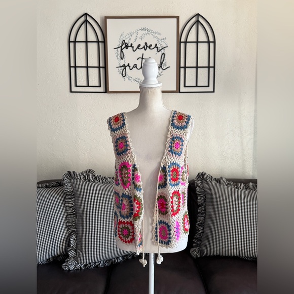 NATURAL LIFE Crochet Granny Square Colorful Boho Hippie Tie-Front Vest Size L/XL - Picture 5 of 14